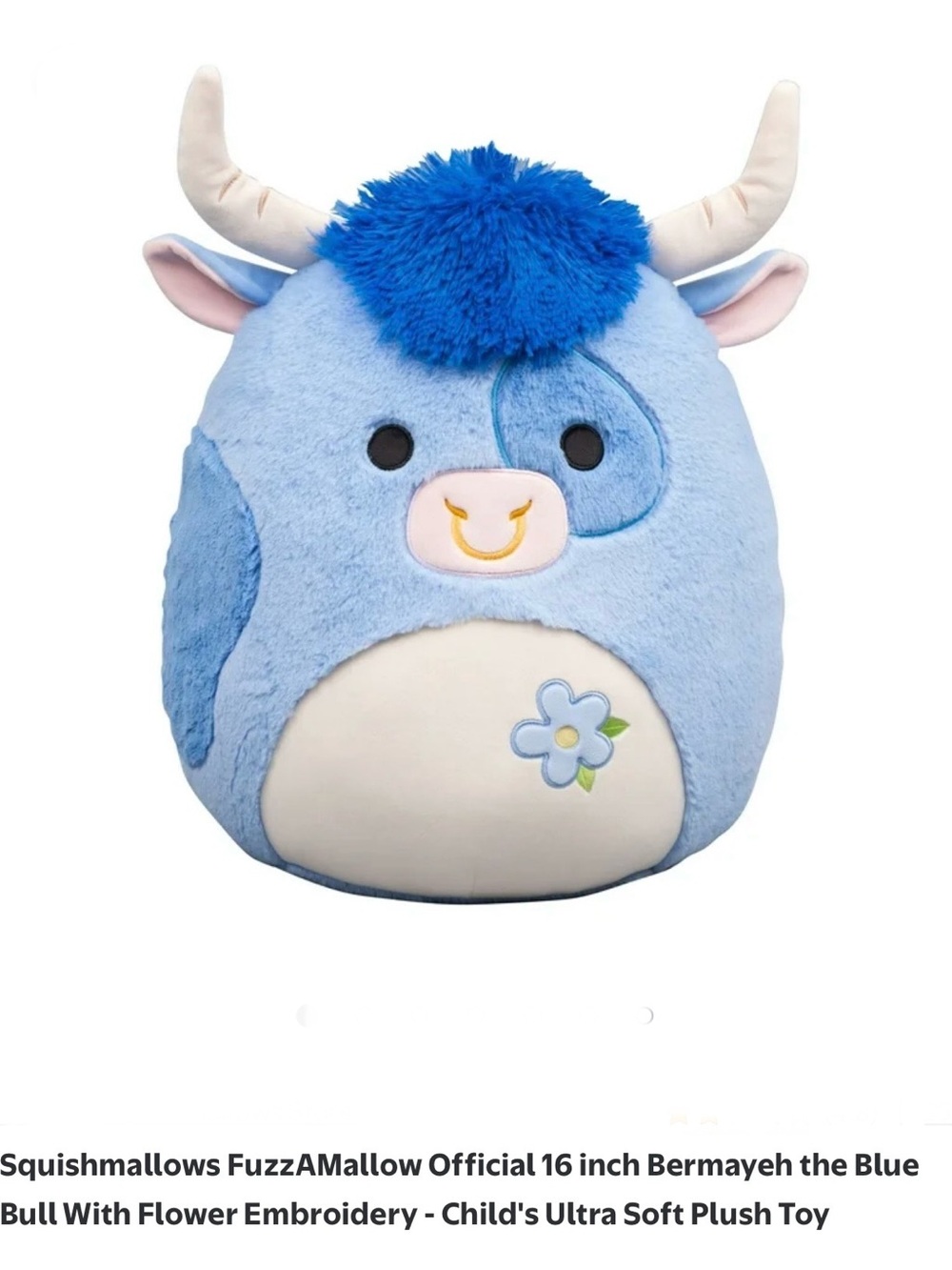Squishmallows Blue and Cream Bull Plush with Flower Patch